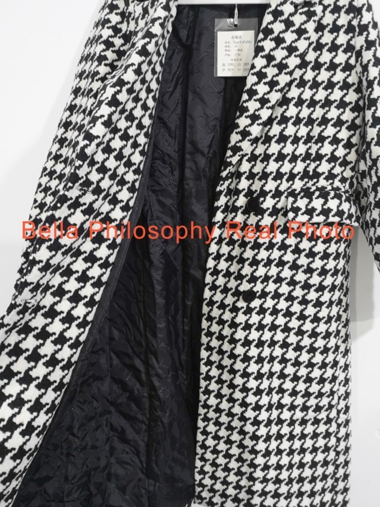 Women's Wool Blends Jacket Women Winter Korean Fashion Double Breasted Houndstooth Long Overcoat Thick Warm en Coat ropa mujer 221121