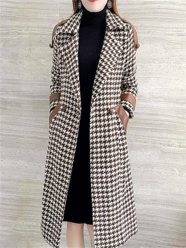 Women's Wool Blends Woman Long Plaid Woolen Coat Houndstooth Overcoat 221121