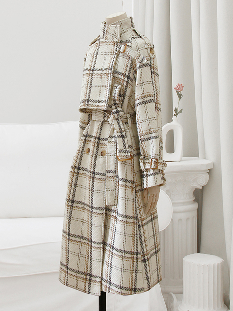 Women's Wool Blends Lautaro Autumn Winter Long Loose Warm Plaid Trench Coat for Women Raglan Sleeve Belt Double Breasted en Overcoat 221121
