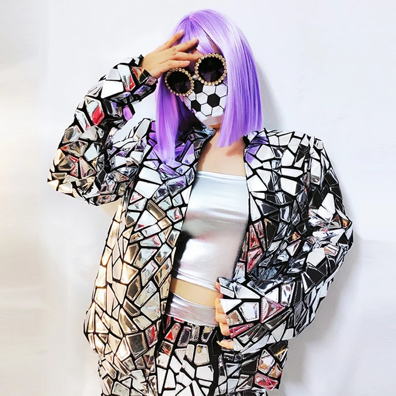 Female Dancer Stage Wear Team Hip Hop Jazz Rock Silver Laser Mirror Sequins Jacket Vest Pants Three Piece Set Nightclub Bar DJ Singer Show Performance