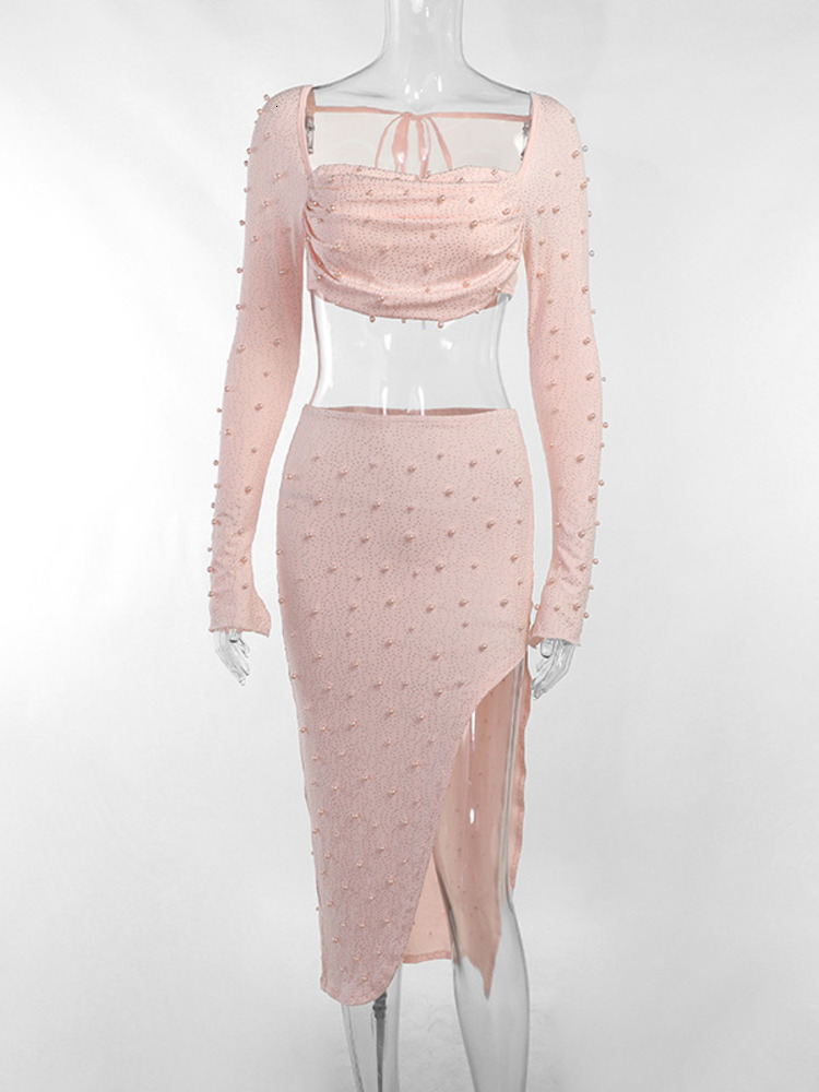 Women's Pearl Sexy Dress Sets, Square Collar Full Sleeve, Split Skirt, Matching Party Outfits, Spandex, Pink