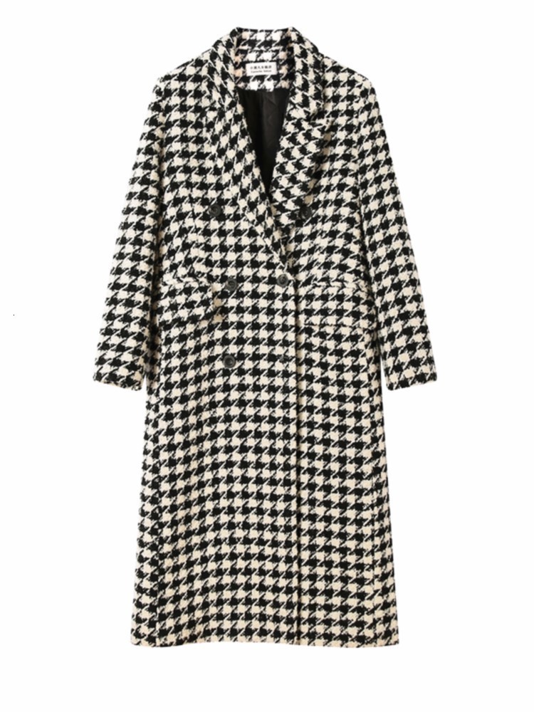 Women's Wool Blends Jacket Women Winter Korean Fashion Double Breasted Houndstooth Long Overcoat Thick Warm en Coat ropa mujer 221121