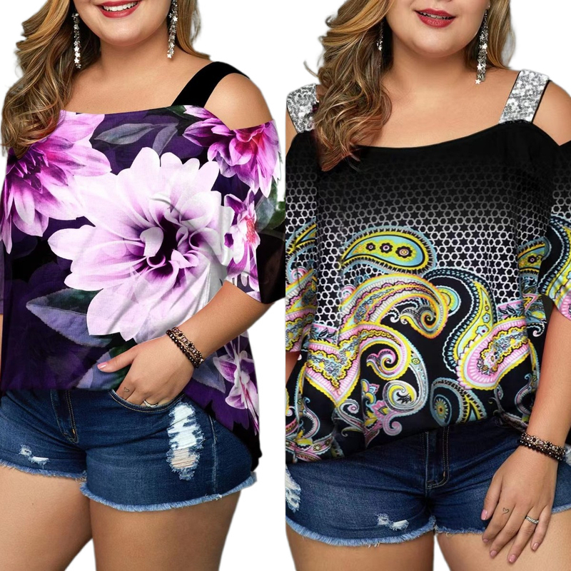 Women's Plus Size TShirt Summer Plus Size 5XL Tops Tshirt Women Sequins Hollow Out Butterfly Printed Black Tshirts Female Off Shoulder Tunic Tee 
