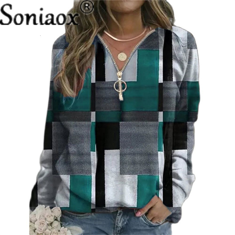 Women's Hoodies Sweatshirts Autumn Women Loose Casual V Neck Zipper Long Sleeve Plaid Top Pullover Streetwear Ladies Fashion 221121