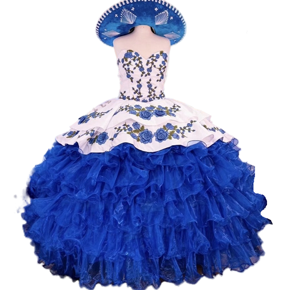 White And Blue Floral Embroidery Quinceanera Dresses Bow Back Sweetheart Sleevless Puffy Ball Gown Sweet 15 Girls Prom Party Vestido