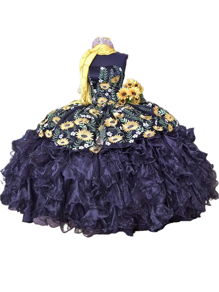 2023 Floor Length Black Quinceanera Dresses Charro Mexico Traditional Prom Party Ball Gown Sun Flowers Embroidery Tiered Skirt Vestidos VX 15 Anos
