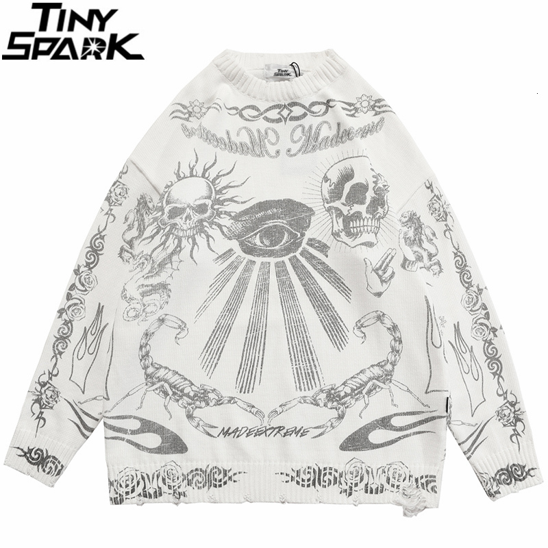 Men's Sweaters Hip Hop Knitted Streetwear Rose Eye Scorpion Print Ripped Pullover Men Harajuku Cotton Casual Autumn Skull 221121