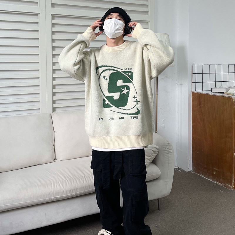 Men's Sweaters Capital Letter Print Solid Color Retro and Women's Autumn Winter Harajuku Crew Neck Oversized Baggy Knitted Top 221121