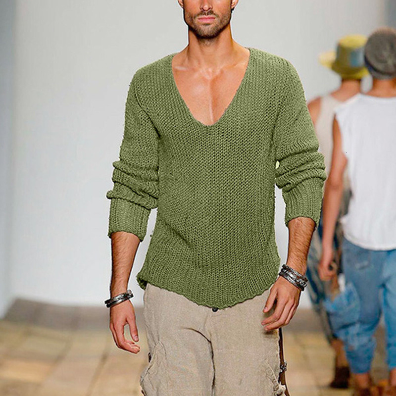 Men's Sweaters Casual Solid V-neck Loose Cotton Pullovers High Elasticity Fashion Slim Fit Male Pullover Plus Size 221121