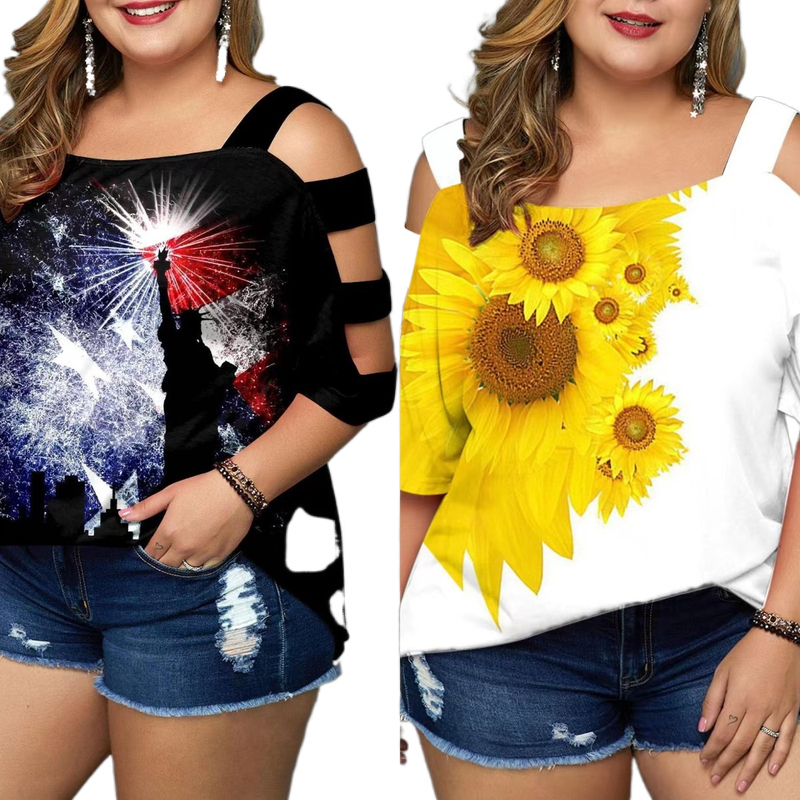 Women's Plus Size TShirt Summer Plus Size 5XL Tops Tshirt Women Sequins Hollow Out Butterfly Printed Black Tshirts Female Off Shoulder Tunic Tee 