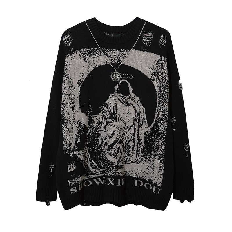 Men's Sweaters Harajuku Priest Salvation Printed Knitwears Women Streetwear Hip Hop Destroyed Hole Ripped Pullovers Jumper Oversized Men 221121