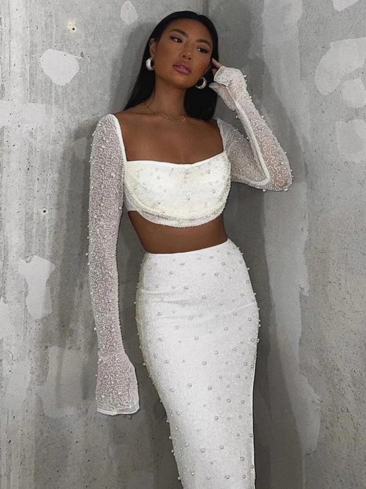 Women's Pearl Sexy Dress Sets, Square Collar Full Sleeve, Split Skirt, Matching Party Outfits, Spandex, Pink