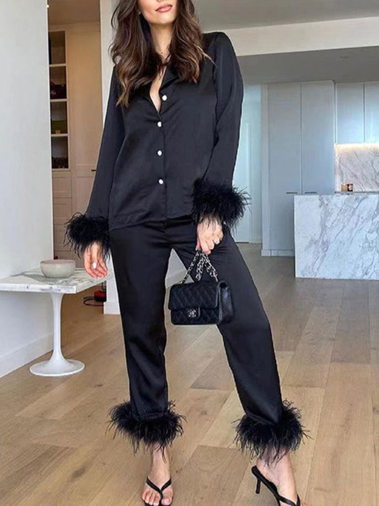 Womens Two Piece Pants Sexy With Feather Blazer And Straight Suits Women Fashion Furry Tailored Collar Shirts Trousers Set Lady Outfit 221121