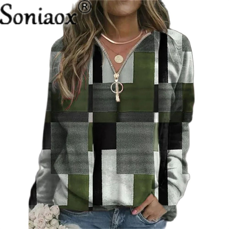 Women's Hoodies Sweatshirts Autumn Women Loose Casual V Neck Zipper Long Sleeve Plaid Top Pullover Streetwear Ladies Fashion 221121