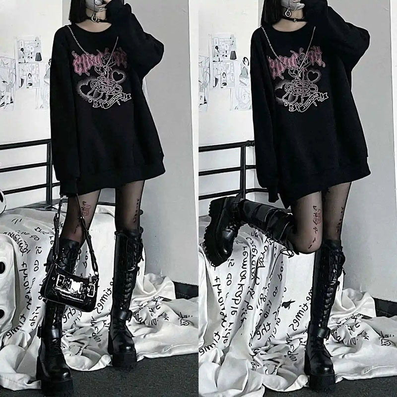 Women's Hoodies Sweatshirts Japanese Sweet Cool Black And White Sweater Women Plus Velvet Thickening Autumn Winter Student Loose Harajuku Style T