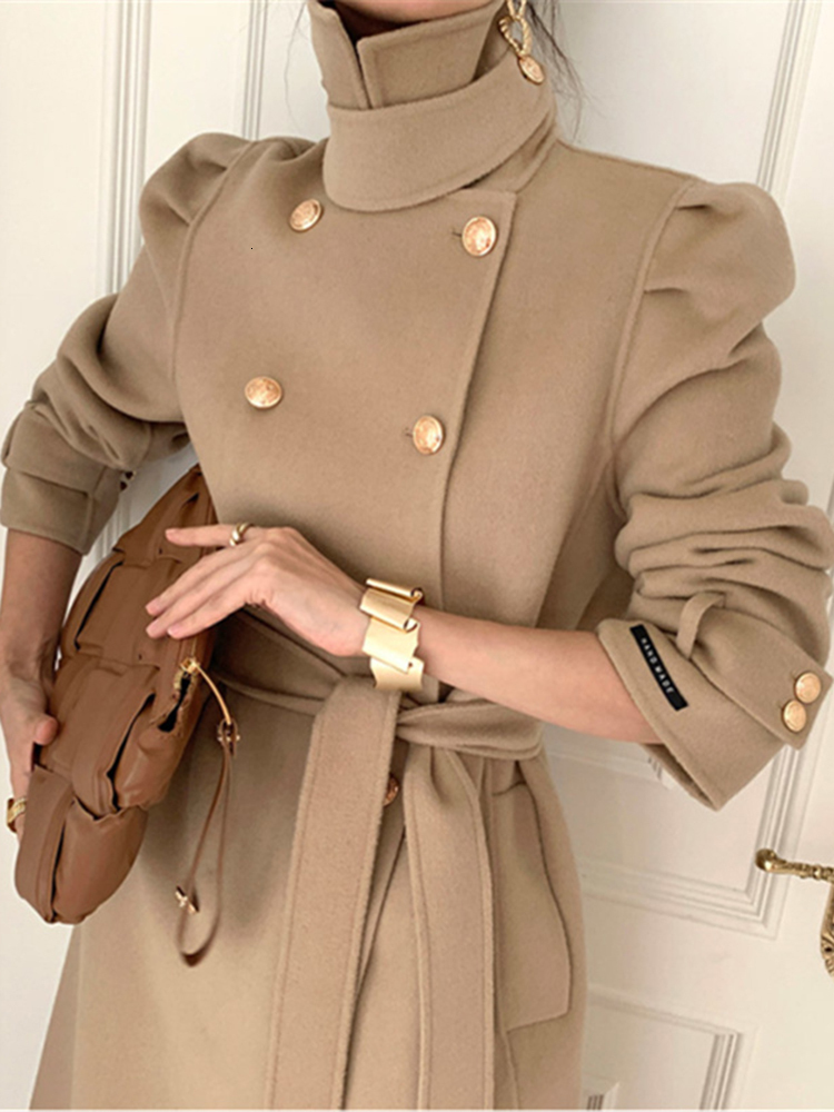 Women's Wool Blends Sungtin Korea Casual loose Turtleneck Woolen Coat with Belt Women Thick Warm Sashes Long Jacket Female Elegant High Quality 2