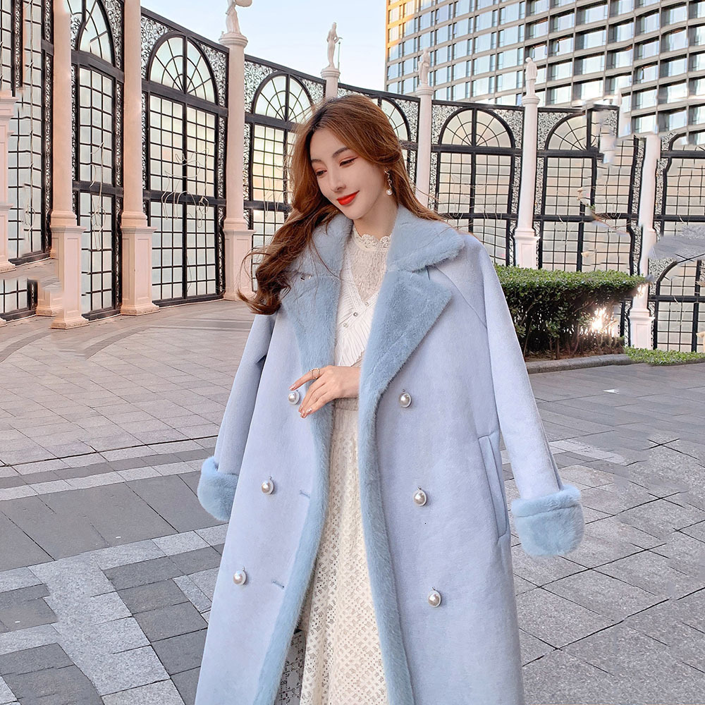 Women's Wool Blends Women Winter Plush Lining Thick Warm Elegant Pink Faux Fur Coat Female Lapel Fairy Woolen Coats Lady Pearl Button Outerwear 2