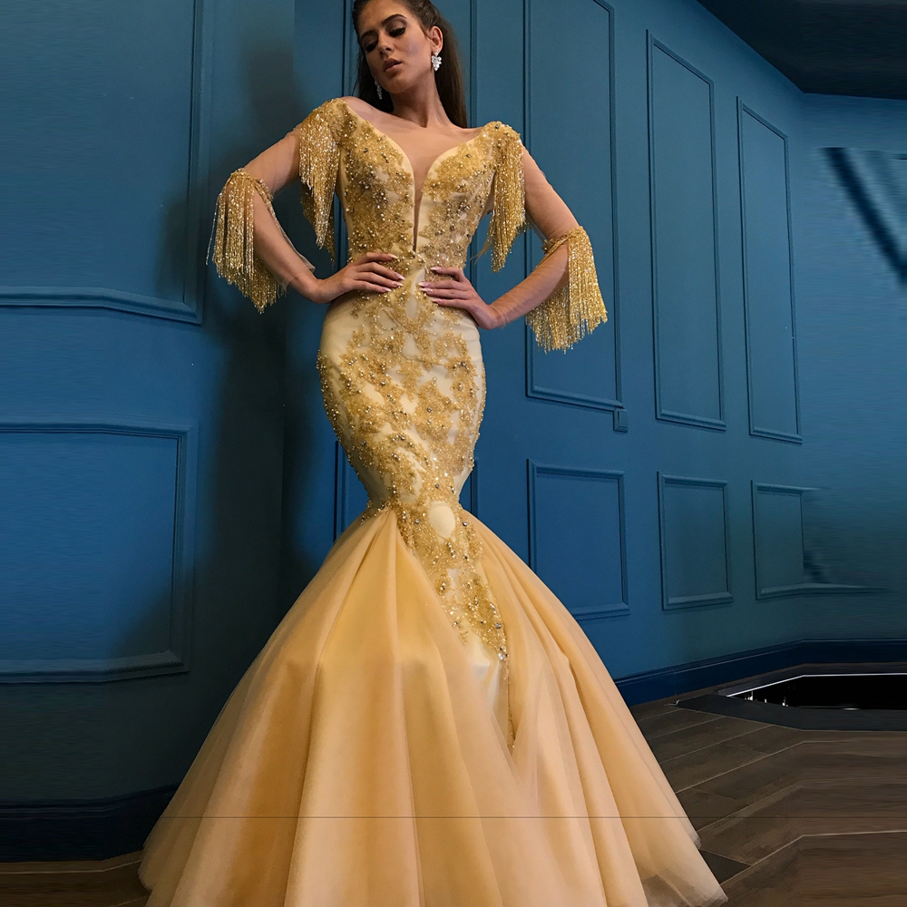 Elegant Yellow Mermaid Mother Of The Bride Dresses Beaded Tassels Appliques Evening Dress Half Sleeves Formal Mother's Wear