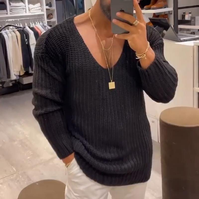 Men's Sweaters Mens Casual V-Neck Solid Sweater Autumn Winter Fashion Knitted Pullover Tops For Men Harajuku Long Sleeve Jumper Streetwear 221121
