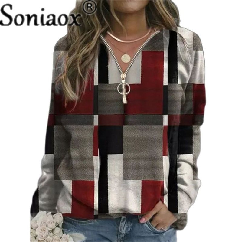Women's Hoodies Sweatshirts Autumn Women Loose Casual V Neck Zipper Long Sleeve Plaid Top Pullover Streetwear Ladies Fashion 221121