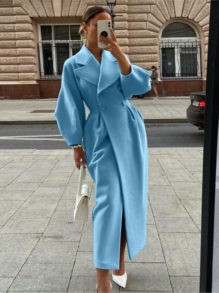 Women's Wool Blends Autumn Lantern Sleeve Women Woolen Coat Lapel Double-Breasted Office Lady Long Jackets Female Coats Windbreaker Thick Streetw
