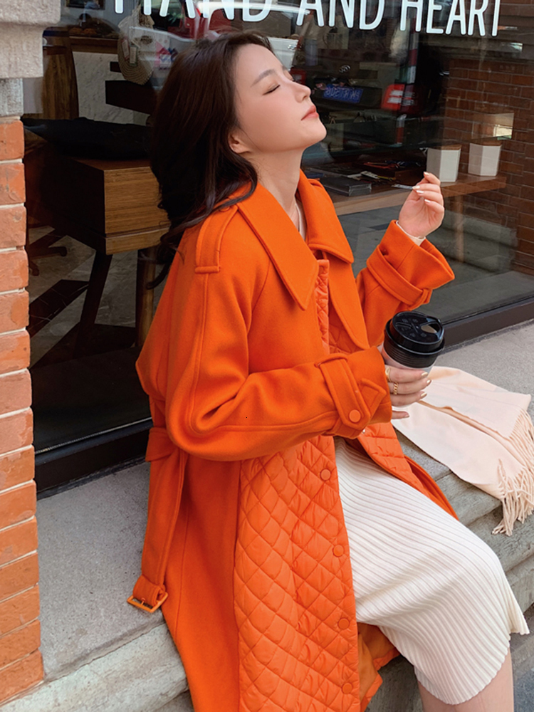 Women's Wool Blends LANMREM Patchwork Plaid Woolen Coats Women Lapel Long Sleeves Single Breasted Orange Belt Coat Female Streetwear Clothing 2R7