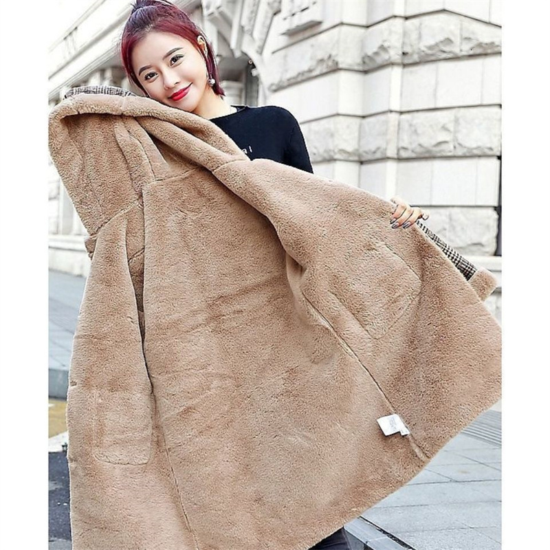 Women's Wool Blends Plaid Coat Thic Velvet Thickened Warm Mid-Length Jackets Hooded en coat Ladies Winter Jacket Faux Fur 221121