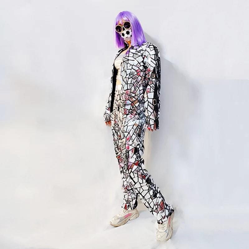 Female Dancer Stage Wear Team Hip Hop Jazz Rock Silver Laser Mirror Sequins Jacket Vest Pants Three Piece Set Nightclub Bar DJ Singer Show Performance