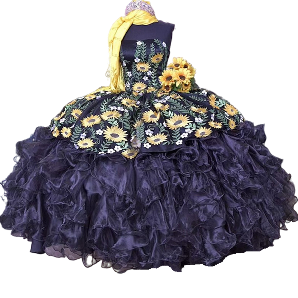2023 Floor Length Black Quinceanera Dresses Charro Mexico Traditional Prom Party Ball Gown Sun Flowers Embroidery Tiered Skirt Vestidos VX 15 Anos