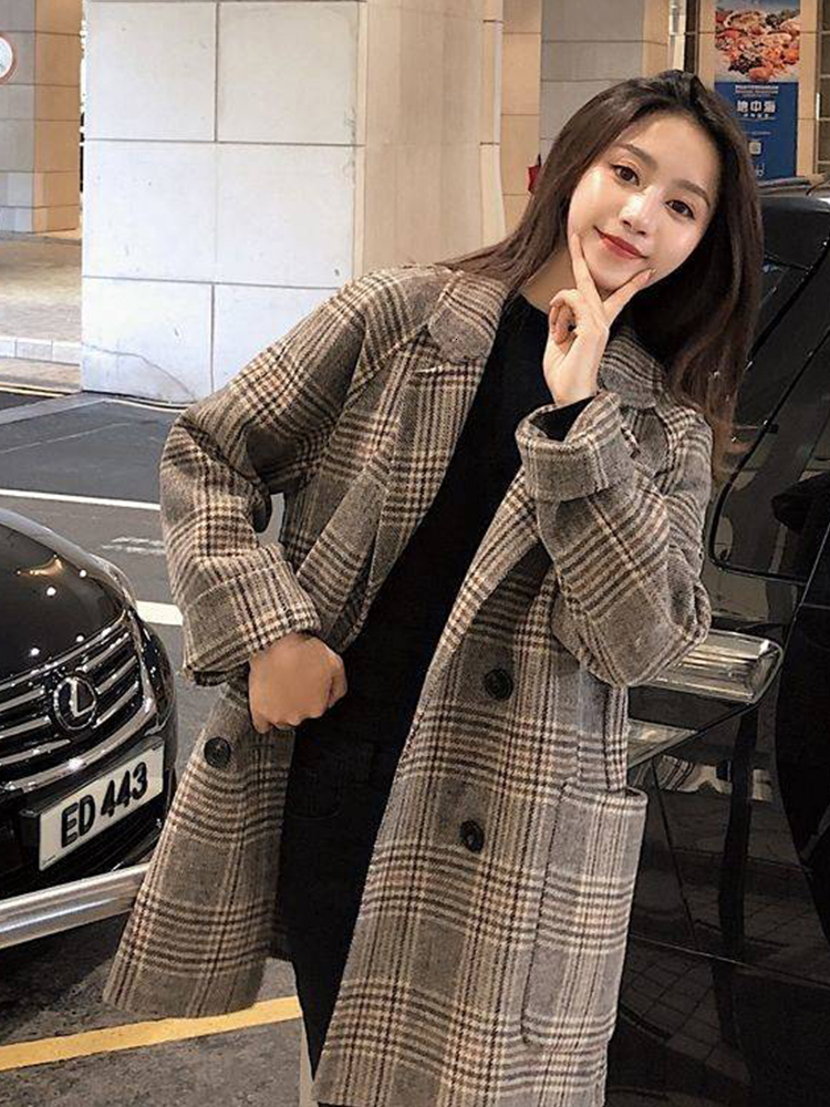 Women's Wool Blends Loose Plaid Woolen Coat for Women Fashion Lapel Slim Jackets Korean Autumn Woman clothing 221121