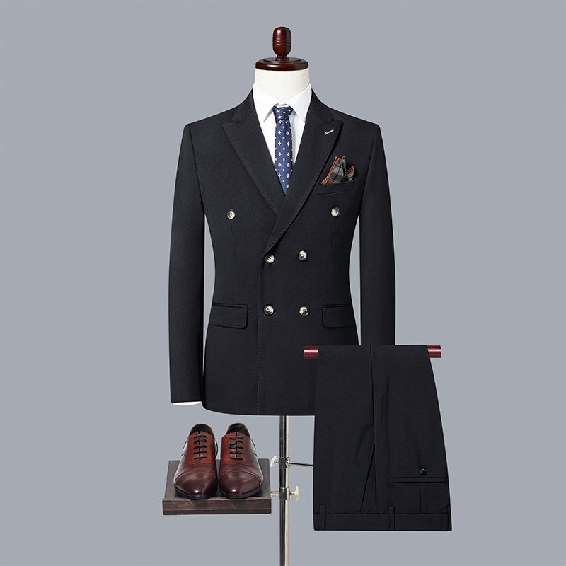 Mens Suits Blazers Fashion Casual Boutique Double Breasted Solid Color Business Suit Jacket Trousers Pants 2 Pcs Set Coat 221121