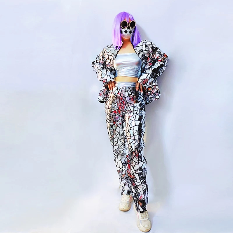 Female Dancer Stage Wear Team Hip Hop Jazz Rock Silver Laser Mirror Sequins Jacket Vest Pants Three Piece Set Nightclub Bar DJ Singer Show Performance
