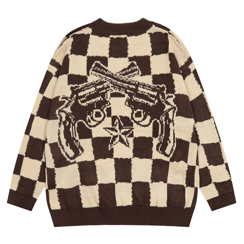 Men's Sweaters Hip Hop Knitted Men Harajuku Vintage Star Gun Plaid Jumper Streetwear Casual Oversized Pullover Couple Autumn Tops 221121