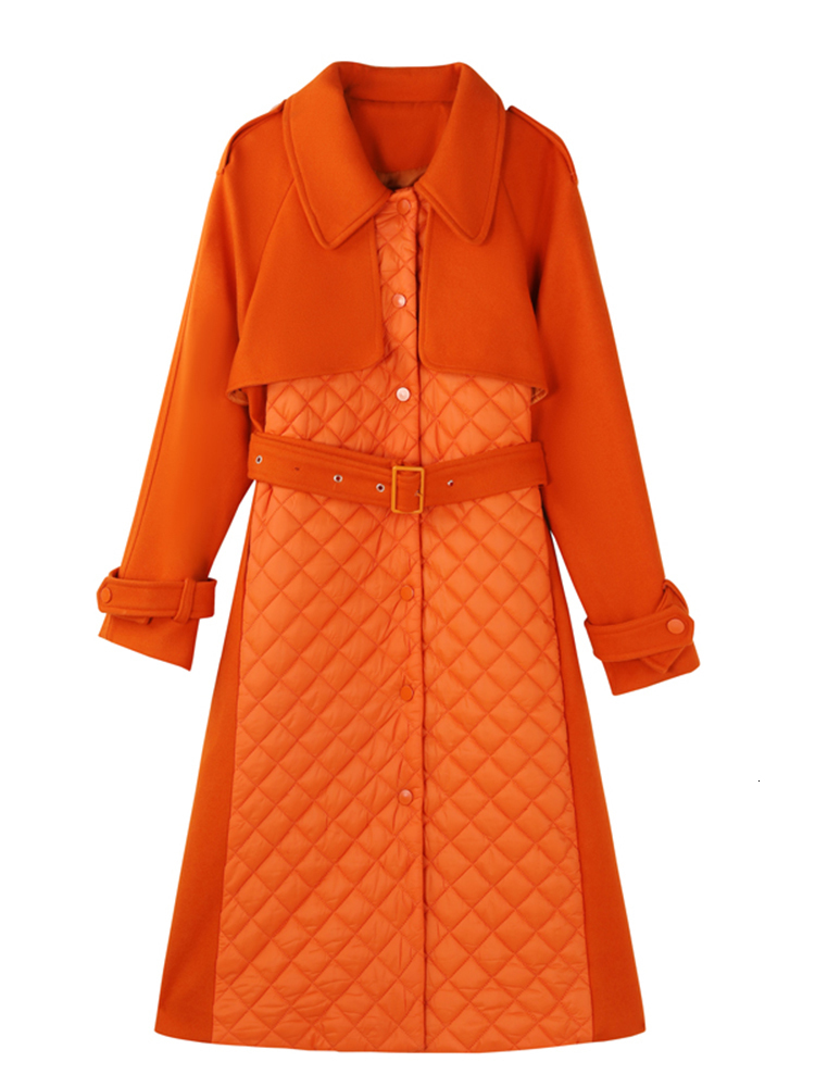 Women's Wool Blends LANMREM Patchwork Plaid Woolen Coats Women Lapel Long Sleeves Single Breasted Orange Belt Coat Female Streetwear Clothing 2R7