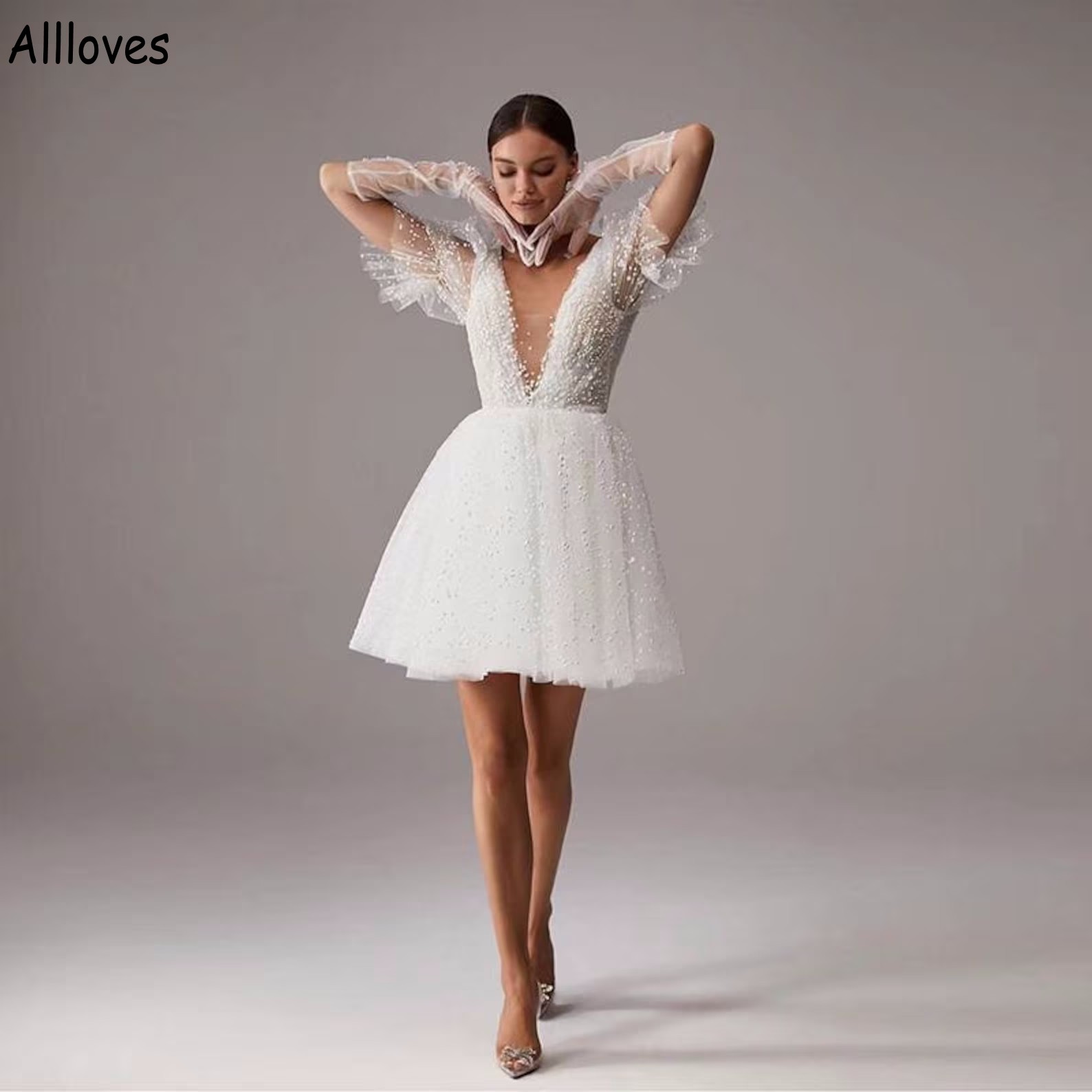 V Neck Mini Plunging A E Wedding Dresses Tulle Pearls Beaded Boho Beach Bridal Gowns With Puffy Short Sleeves Sexy Open Back White Reception Dress For