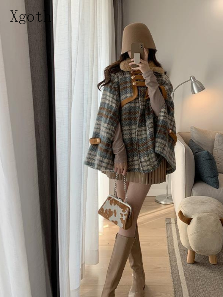 Women's Wool Blends Xgoth Original Elegant Cape Coat Women Winter Oversize Vintage Plaid Top Female High Street Thickened Warm Woolen 221121