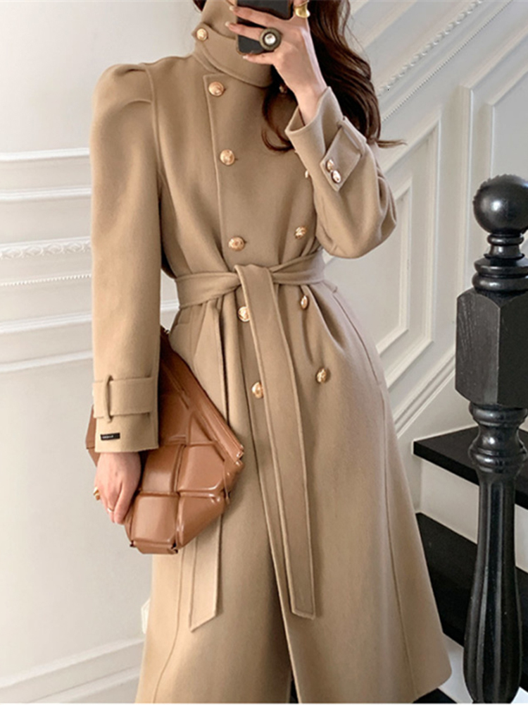 Women's Wool Blends Sungtin Korea Casual loose Turtleneck Woolen Coat with Belt Women Thick Warm Sashes Long Jacket Female Elegant High Quality 2