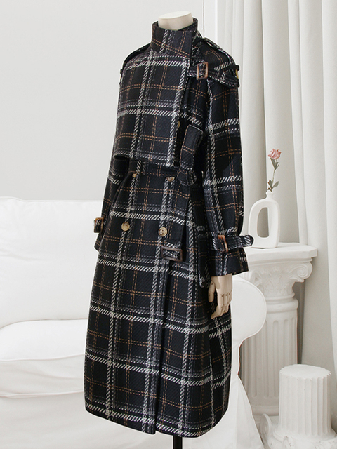 Women's Wool Blends Lautaro Autumn Winter Long Loose Warm Plaid Trench Coat for Women Raglan Sleeve Belt Double Breasted en Overcoat 221121