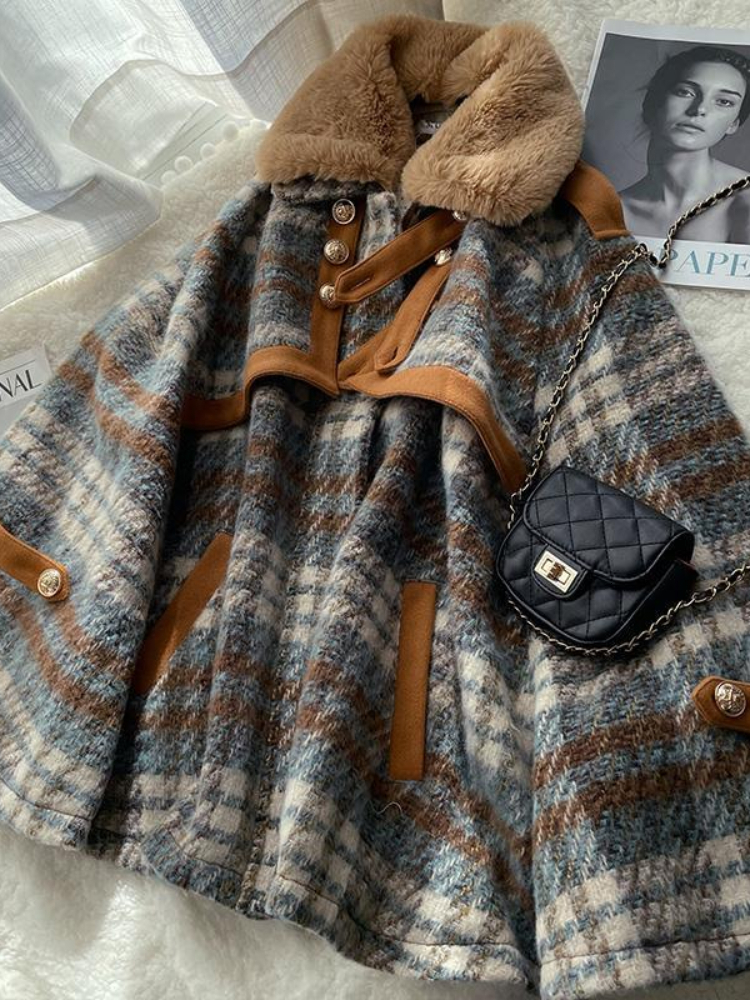 Women's Wool Blends Xgoth Original Elegant Cape Coat Women Winter Oversize Vintage Plaid Top Female High Street Thickened Warm Woolen 221121