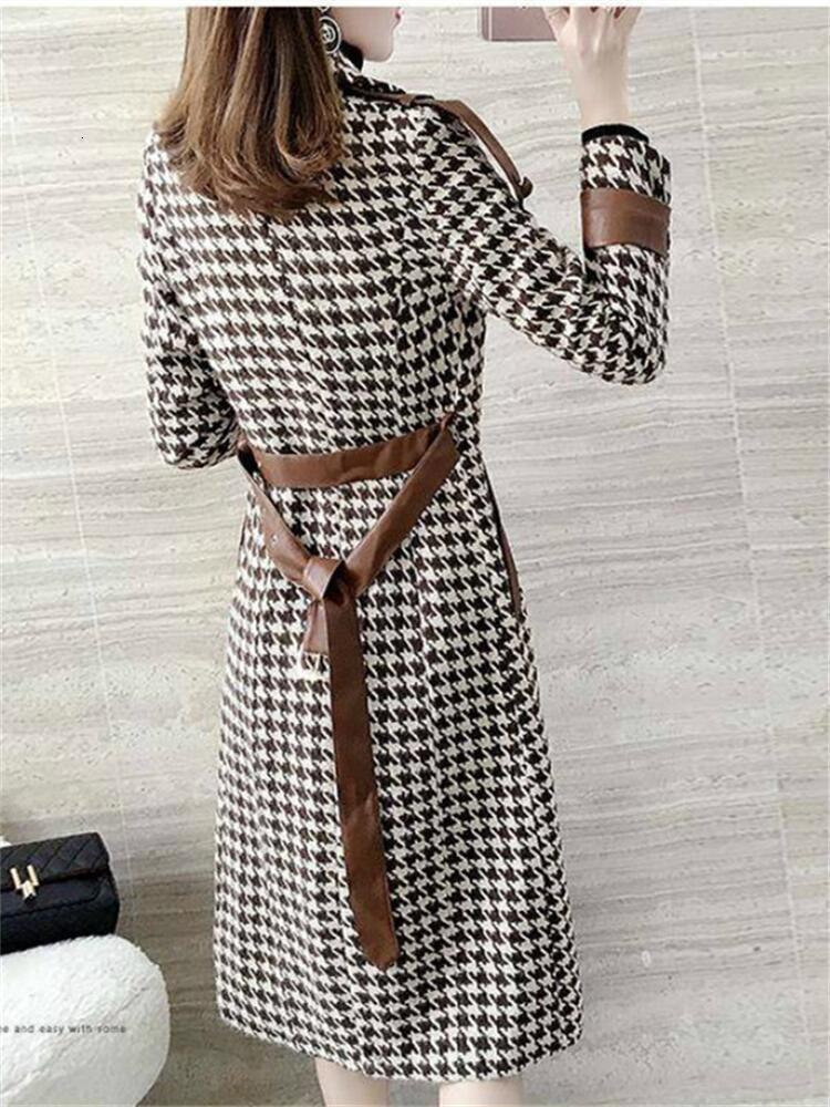 Women's Wool Blends Woman Long Plaid Woolen Coat Houndstooth Overcoat 221121
