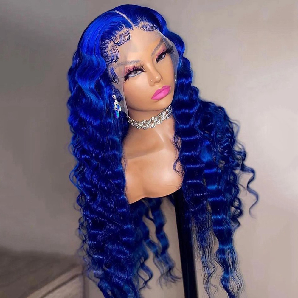Free shipping 30'' 180 Density Long Blue Colored Front Human Hair For Women Deep Wave Synthetic Lace Frontal Wig