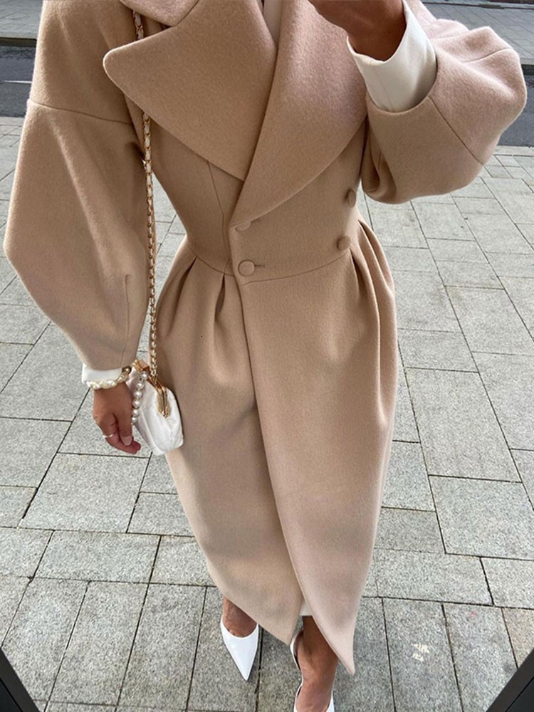Women's Wool Blends Autumn Lantern Sleeve Women Woolen Coat Lapel Double-Breasted Office Lady Long Jackets Female Coats Windbreaker Thick Streetw
