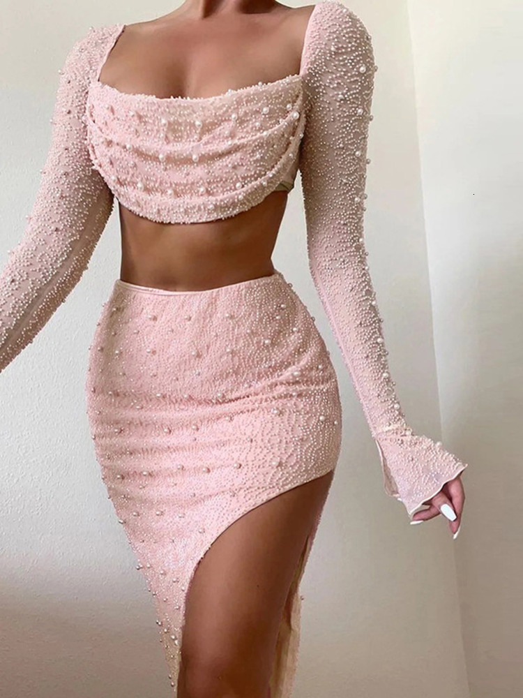 Women's Pearl Sexy Dress Sets, Square Collar Full Sleeve, Split Skirt, Matching Party Outfits, Spandex, Pink