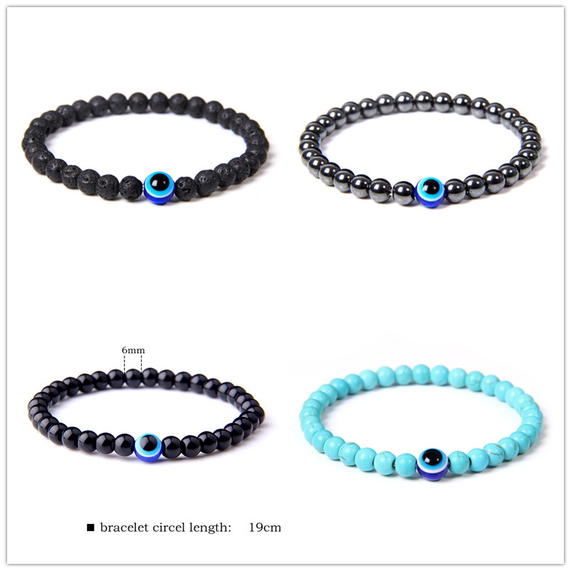 Fashion 6mm Natural Stone Beads Evil Eye Bracelet Handamde Hematite Turkish Blue Eyes Bracelets for Women Men Yoga Reiki Jewelry
