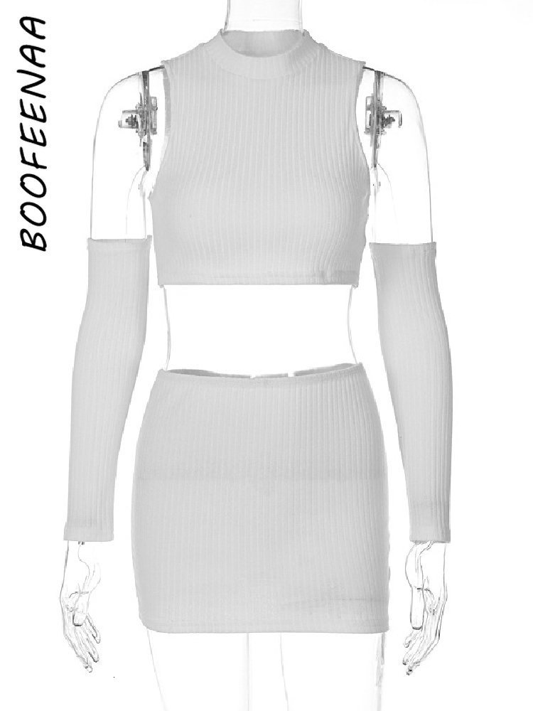 Two Piece Dress Casual Dresses BOOFEENAA All White Knitted Two Piece Club Outfits Women Sexy Bodycon Dress with Arm Sleeves Crop Top and Skirt Sets C1