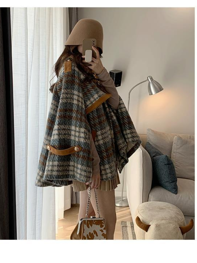 Women's Wool Blends Xgoth Original Elegant Cape Coat Women Winter Oversize Vintage Plaid Top Female High Street Thickened Warm Woolen 221121