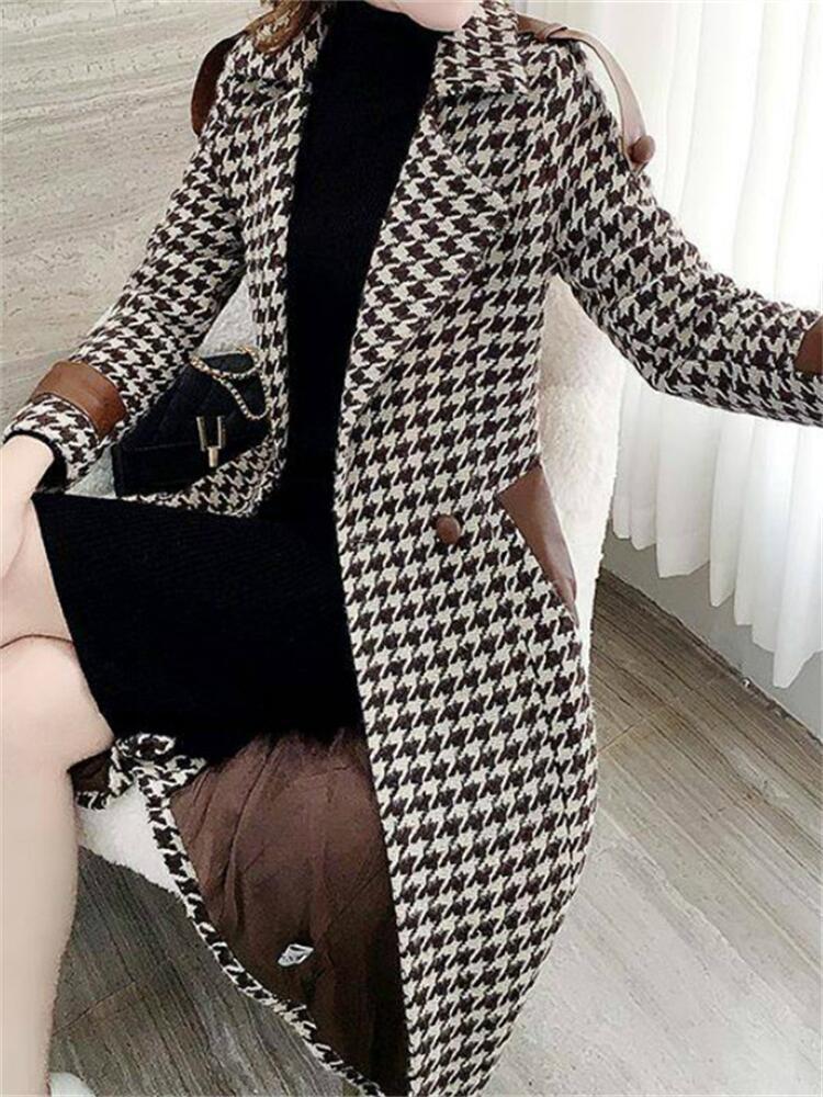 Women's Wool Blends Woman Long Plaid Woolen Coat Houndstooth Overcoat 221121