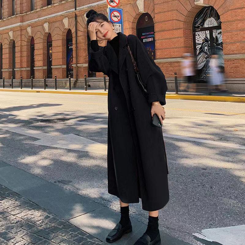 Women's Wool Blends Korea Women Spring Autumn Black Loose Long Coat Jacket Belt en Overcoat Split Hem Cardigan Outerwear 3XL 221121