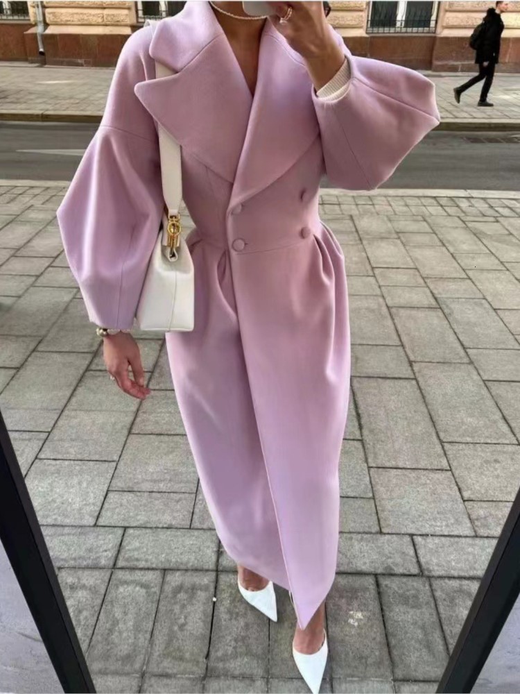 Women's Wool Blends Autumn Lantern Sleeve Women Woolen Coat Lapel Double-Breasted Office Lady Long Jackets Female Coats Windbreaker Thick Streetw