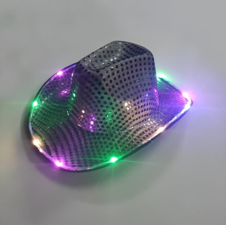 Cowgirl LED Hat Flashing Light Up Sequin Cowboy Hats Luminous Caps Halloween Costume GG02L